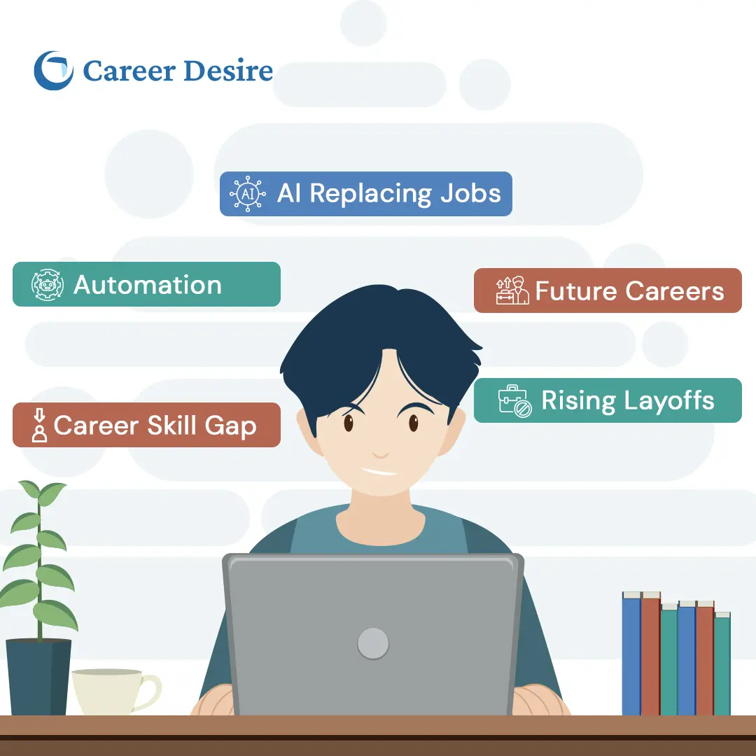 Illustration of a student looking at a laptop surrounded by AI-related headlines about layoffs, automation, and future careers — representing uncertainty about jobs in the AI era.